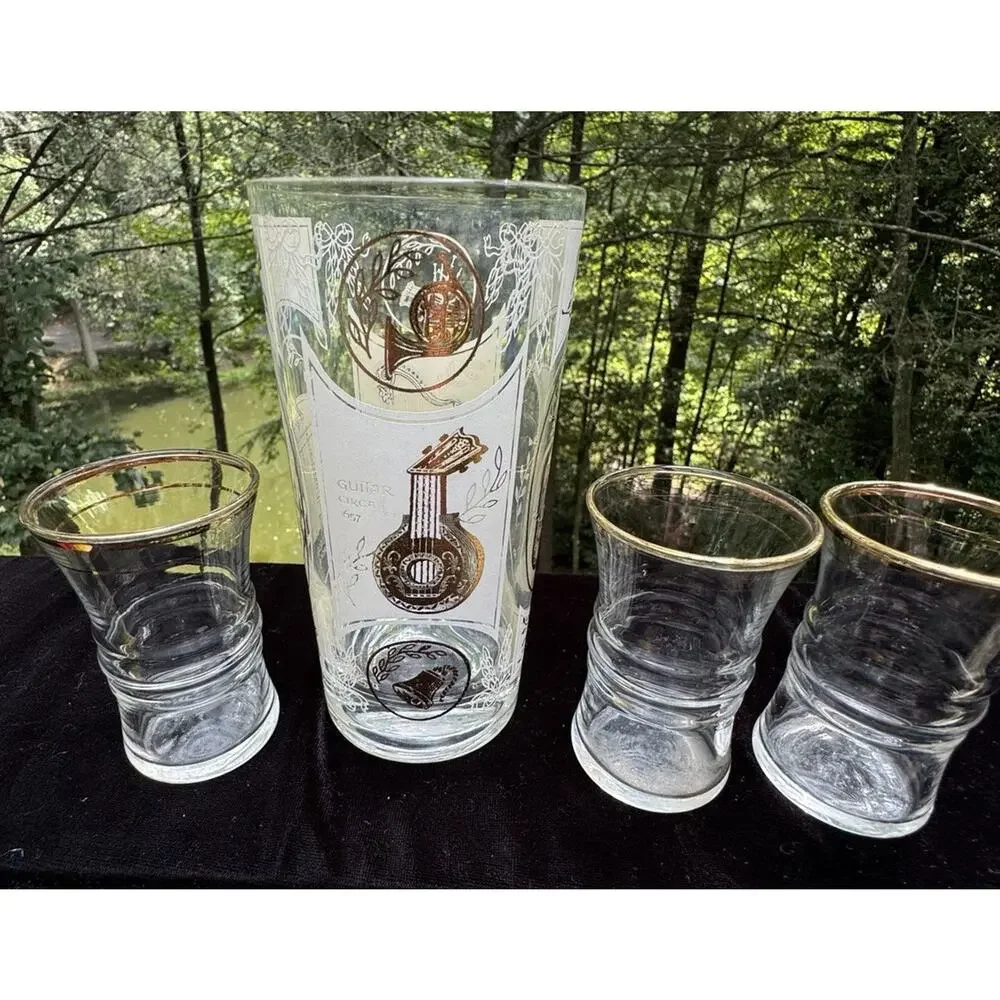 Vintage Hazel Atlas MCM Gold Musical Instruments Cocktail Shaker Glasses -8/28
